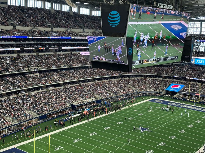 Packed AT&T Stadium during a live NFL game in Arlington, TX.