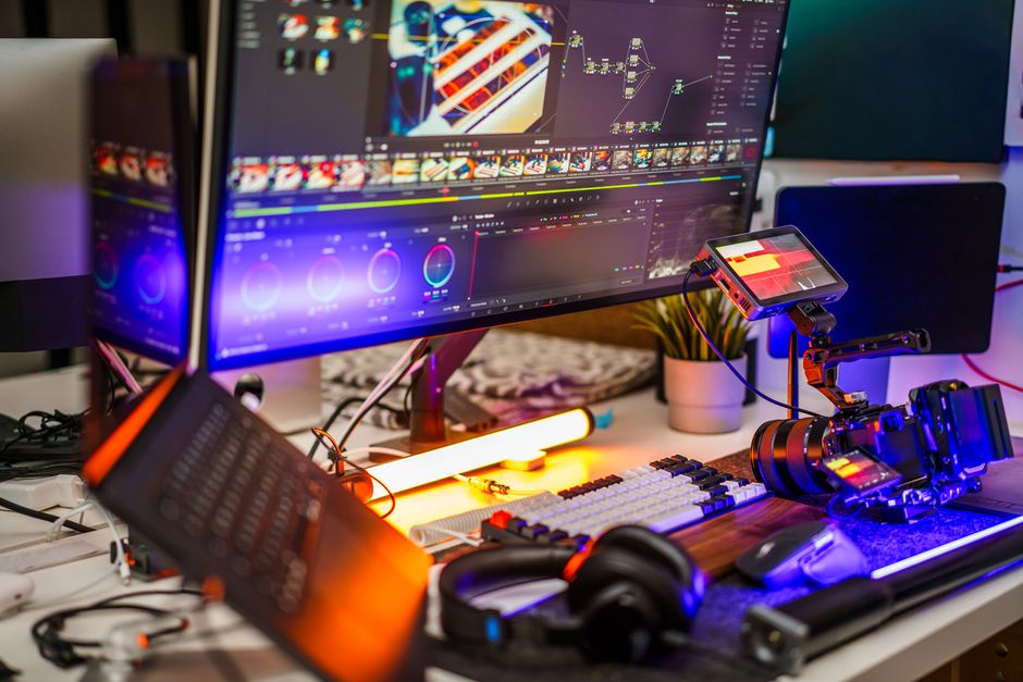 High-tech video editing workstation with camera gear and dual monitors.