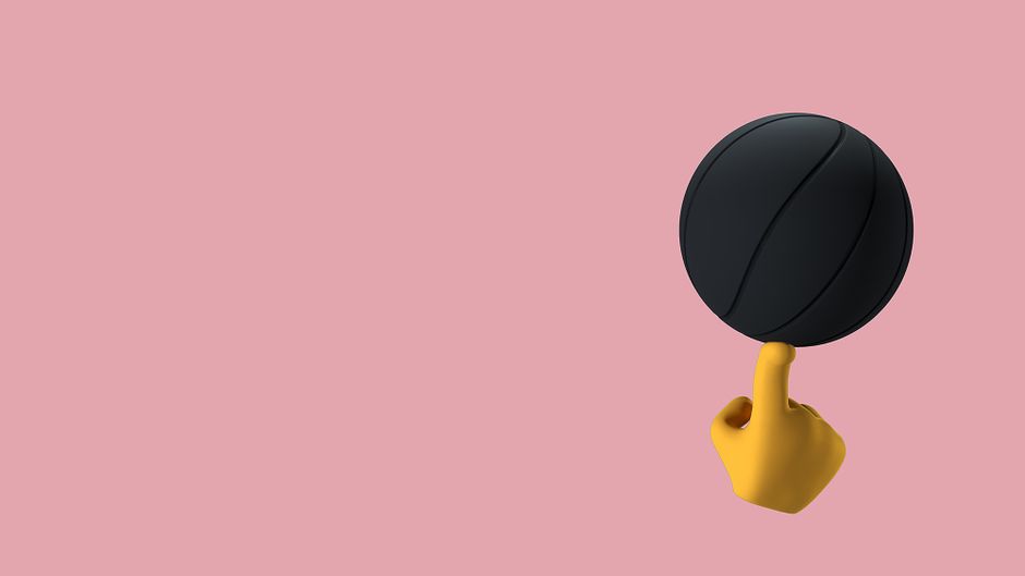 Minimalist 3D illustration of a yellow hand balancing a black ball on a finger against a pink background.